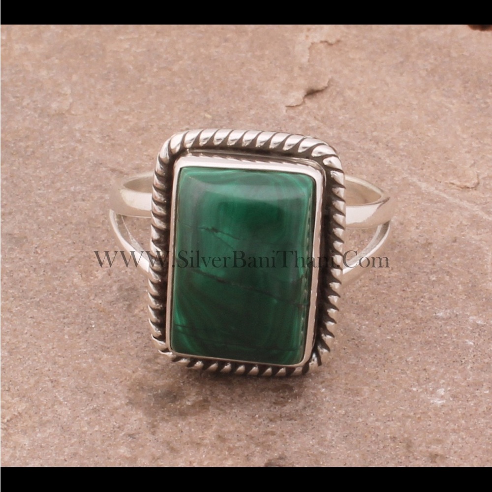 • 925 Sterling Solid Boho Carved Silver Ring Malachite •